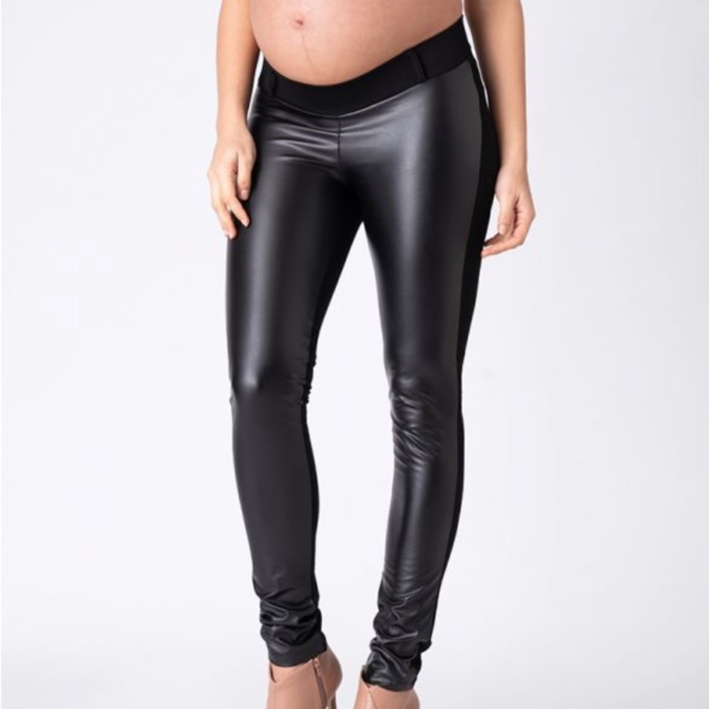 Seraphine Maternity Black Faux Leather front leggings, 10, EUC
